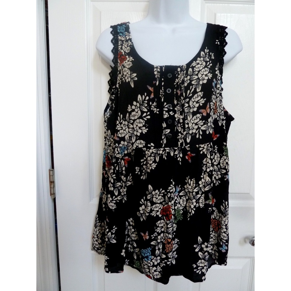 LC Lauren Conrad XL Sleeveless Lace Trim Pin-Tucked Floral Butterfly Blouse Top